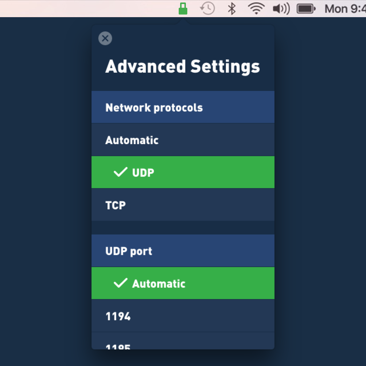 macOS screenshot of the advance settings in Mullvad's new VPN app.