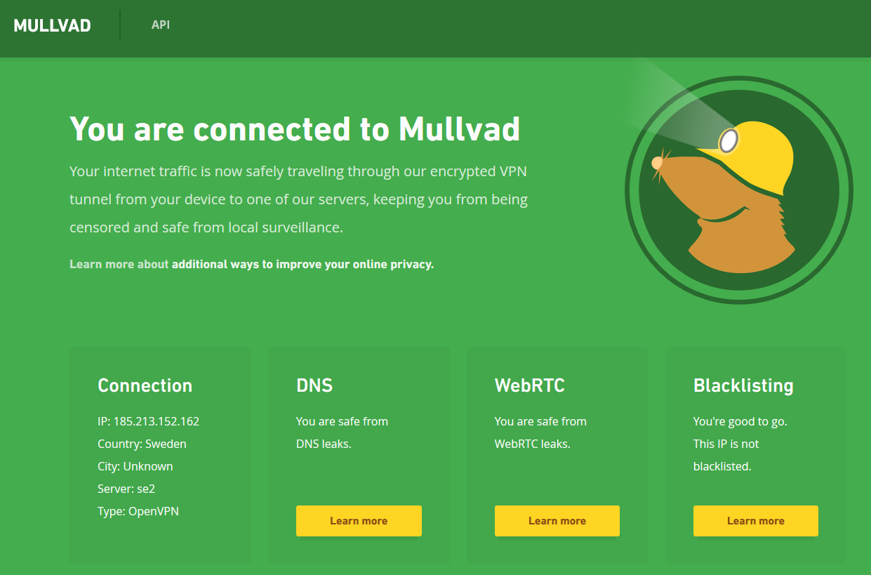 screenshot of Am I Mullvad website showing a successful VPN connection.