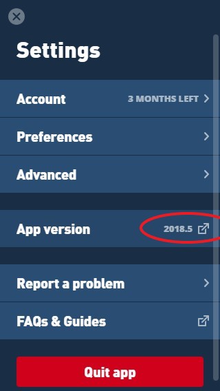 Mullvad VPN Settings: Account, Preferences, Advanced, App version 2018.5 (circled), Report a problem, FAQs & Guides, and red Quit app button.