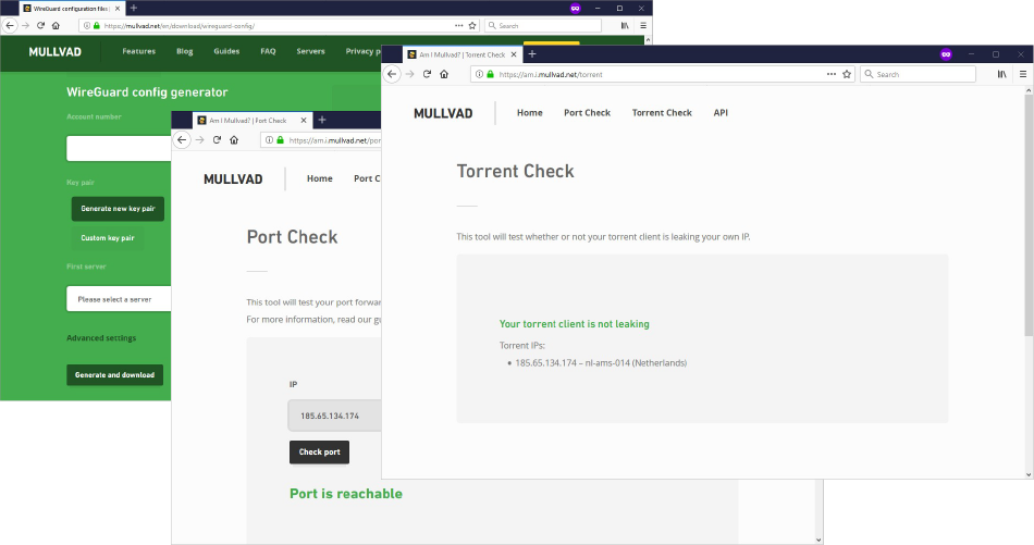 Mullvad's WireGuard config generator, Port Check showing Port is reachable, and Torrent Check showing Your torrent client is not leaking.