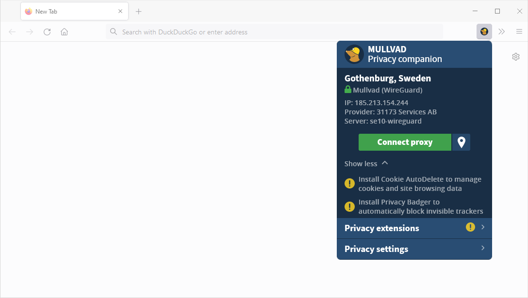 Mullvad Privacy companion: Gothenburg, Sweden, Mullvad (WireGuard), IP 185.213.154.244, Connect proxy, Privacy extensions, and Privacy settings.
