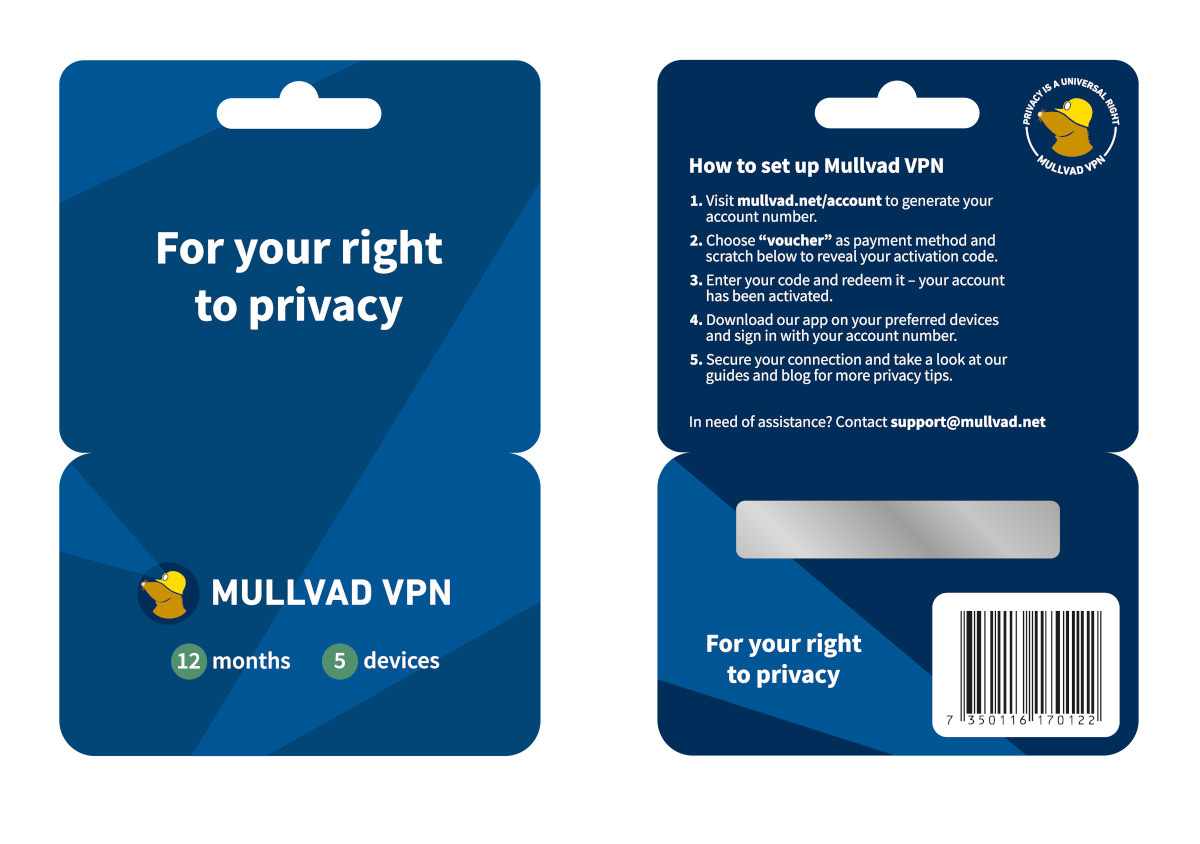 Front: For your right to privacy, MULLVAD VPN, 12 months, 5 devices. Back: How to set up Mullvad VPN instructions, scratch area, support@mullvad.net.