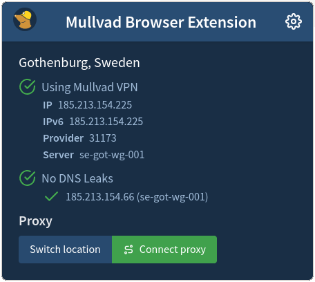 Mullvad extension showing connected to Gothenburg and no DNS leaks 
