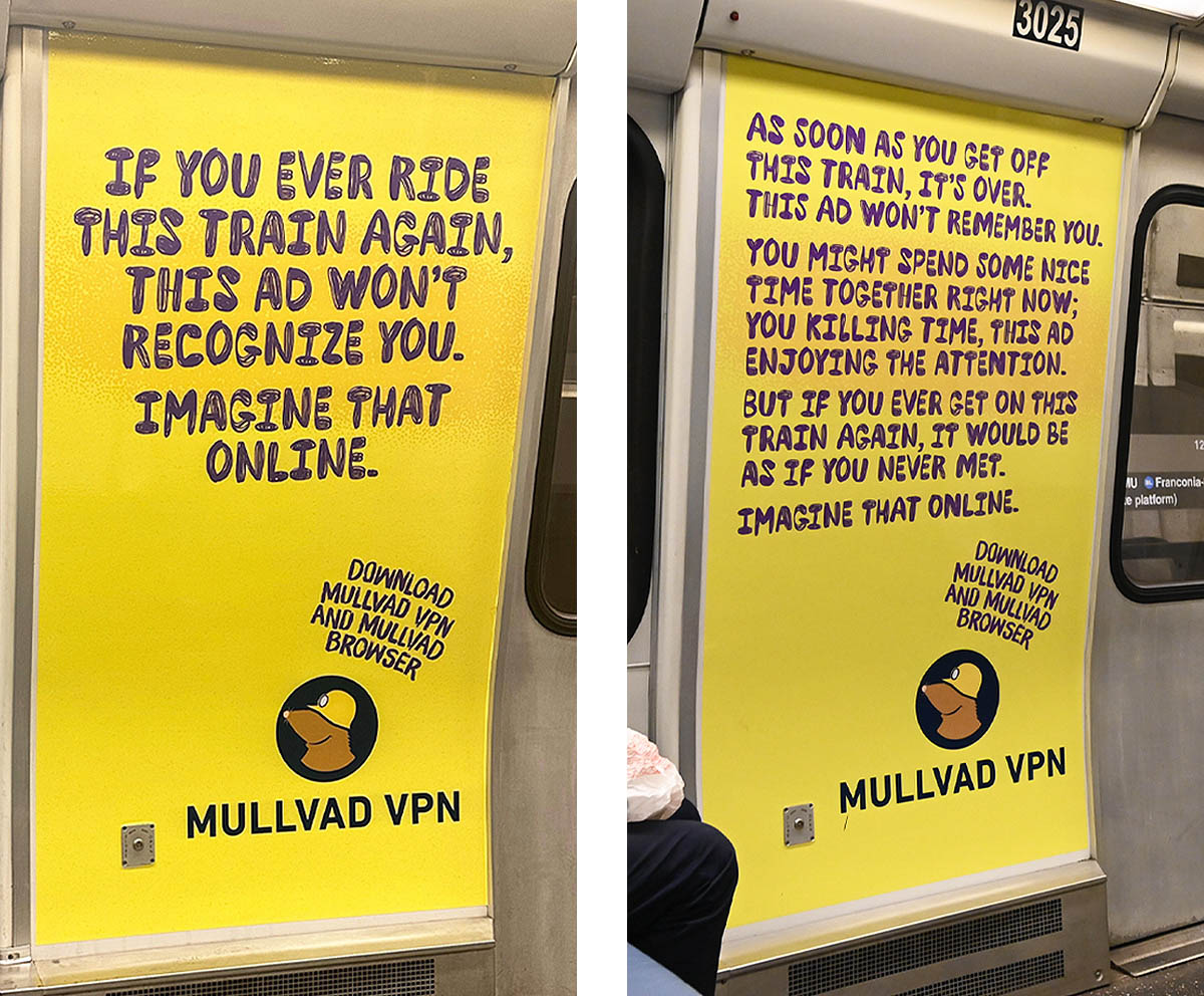 Two Mullvad VPN train ads: "This ad won't recognize you" and "This ad won't remember you. Imagine that online." Download Mullvad VPN and Browser.