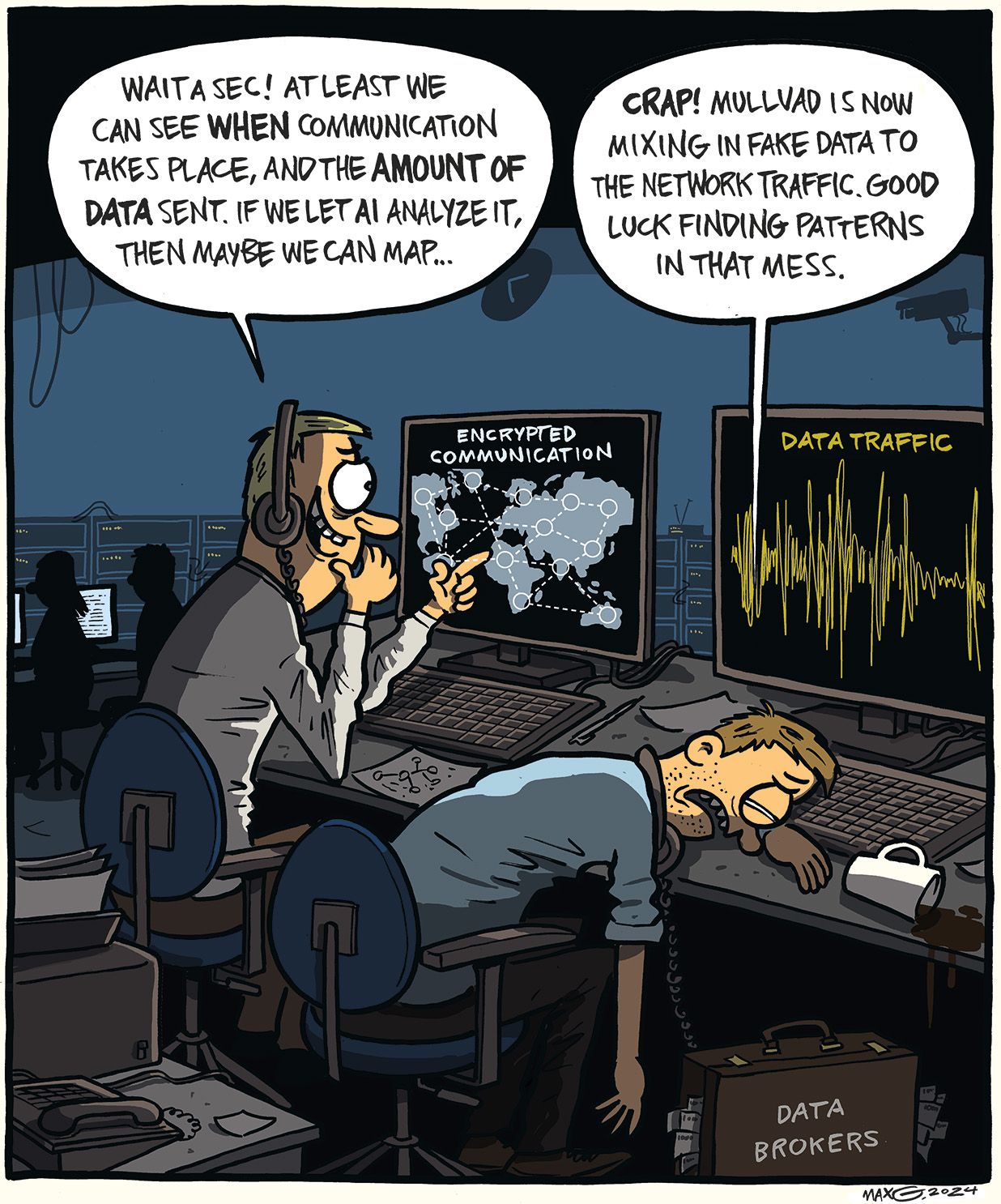 Data brokers frustrated by Mullvad VPN. Text: Mullvad is now mixing in fake data to the network traffic. Good luck finding patterns in that mess.