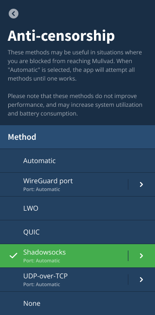 Anti-censorship settings in Mullvad VPN app. Options: Automatic, WireGuard port, LWO, QUIC, Shadowsocks (selected), UDP-over-TCP, and None.