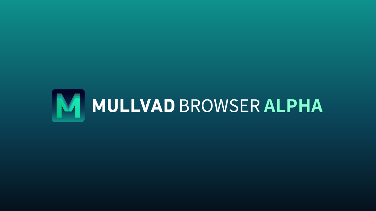 Mullvad Browser Alpha logo with a stylized green M icon on a teal gradient background.