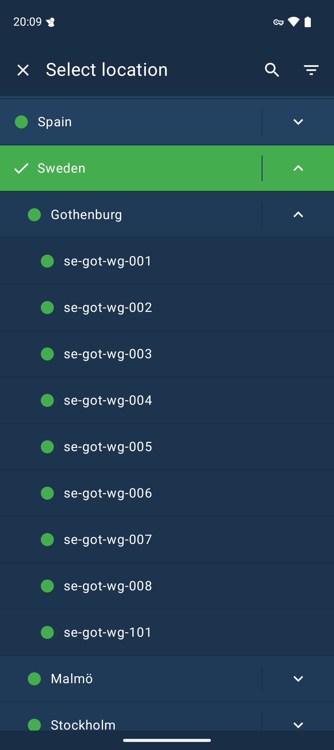 A list where Sweden is selected. Sweden is also expanded showing Gothenburg as a city in Sweden. Gothenburg is also expanded showing a list of available relays in that city.