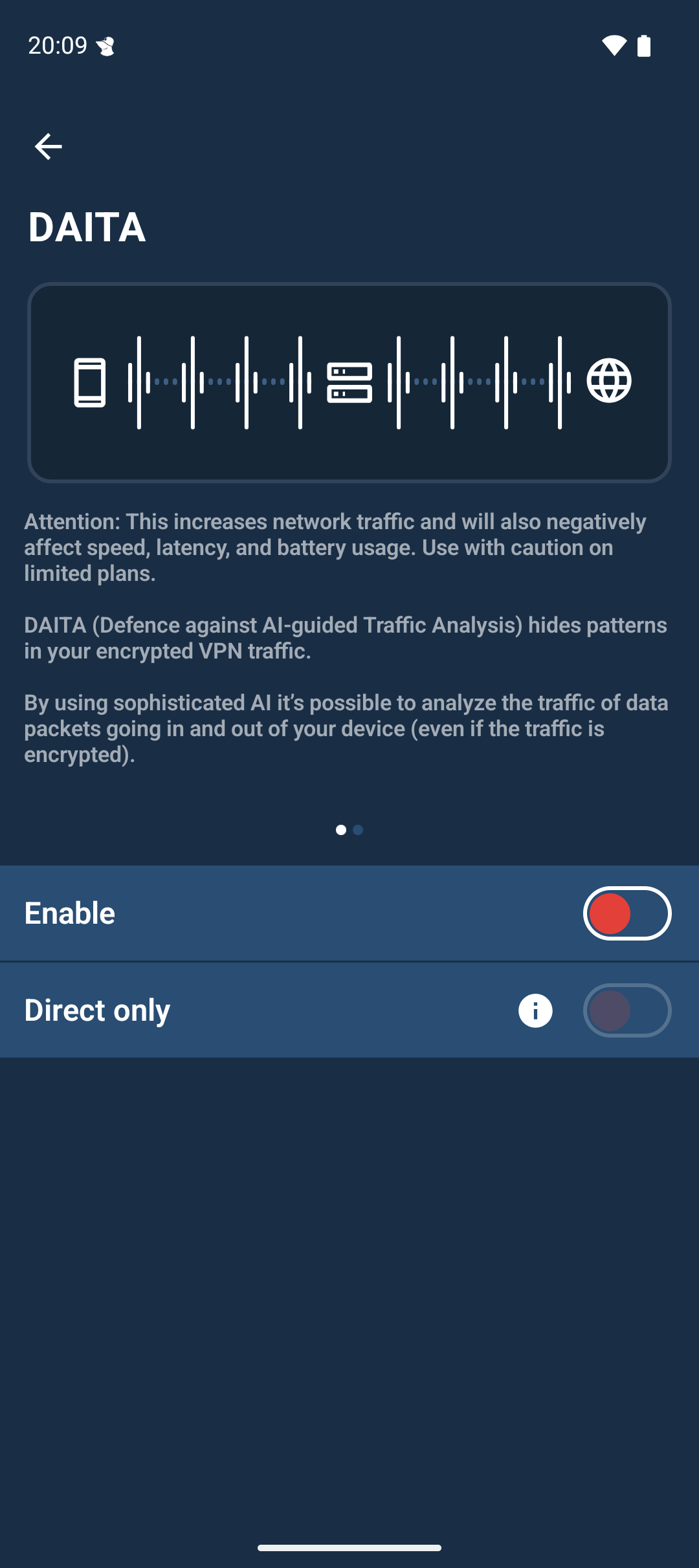 DAITA settings. There is an image with a DAITA visualization at the top, a partial description of how DAITA works and two option buttons. One option button turns DAITA on or off. The other one turns “Direct only” on or off.