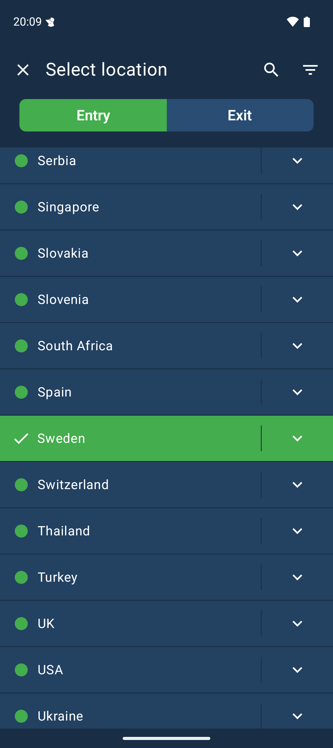 A location list with buttons at the top for “Entry” and “Exit” location.