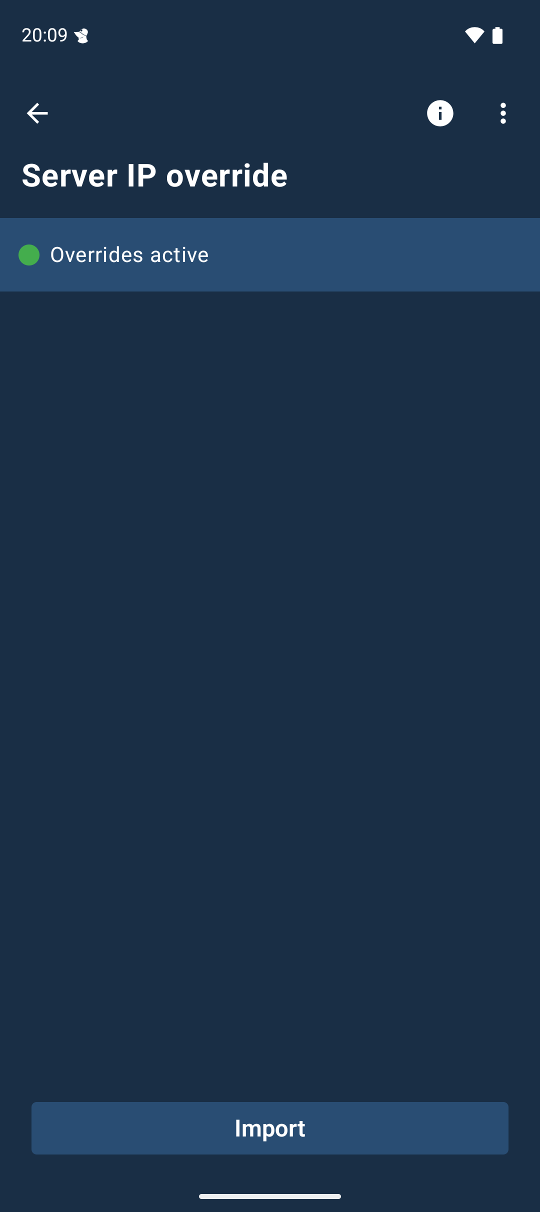 Server IP override screen. One or more override is active, as indicated by the text “Overrides active”.