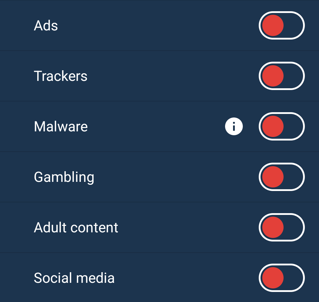 A list of dns blockers. There are “Ads”, “Trackers”, “Malware”, “Gambling”, “Adult content” and “Social media”.