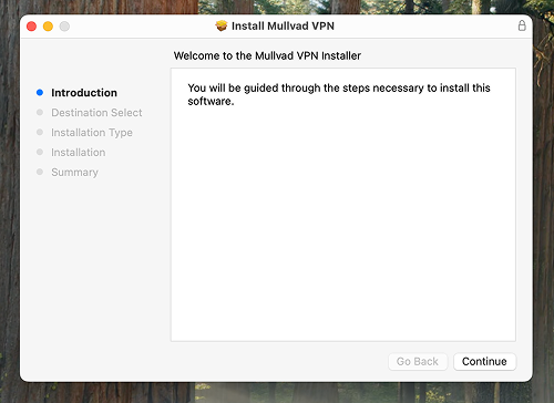 The Mullvad VPN setup wizard, with the steps and instructions of the wizard process.