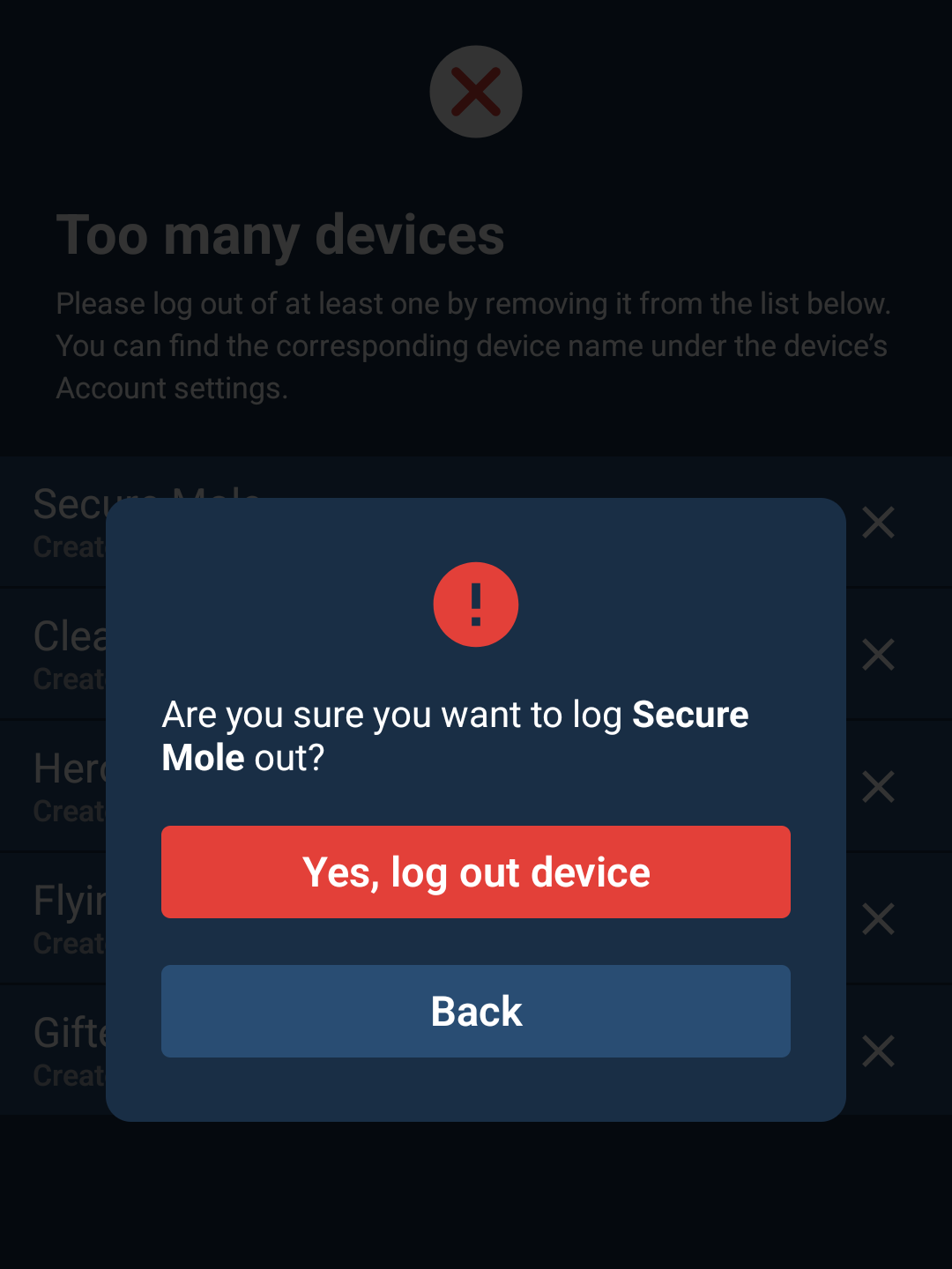 A dialog asking the user if they are sure that they want to log out a device