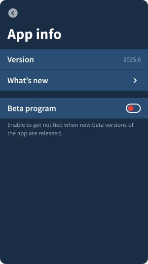 App info screen listing the app version and what is new menu option.
