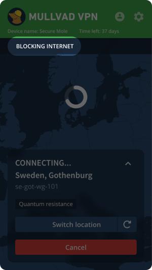 Connection screen with Blocking internet message highlighted.