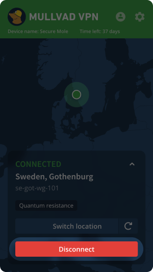 Disconnect button highlighted in the map view of the app.