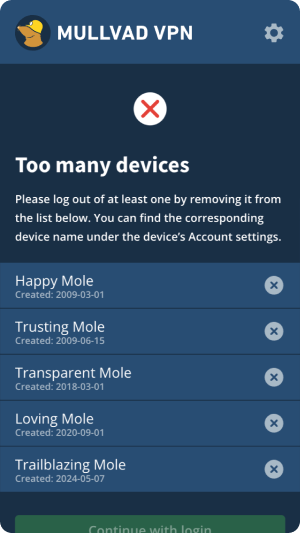 Too many devices message with five registered devices in a list, with names, creation dates, and remove icon.