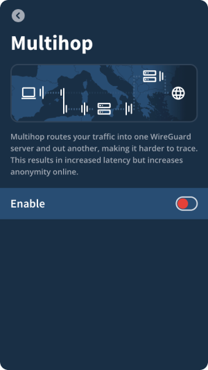 Multihop screen, with information about the feature and option to enable Multihop.