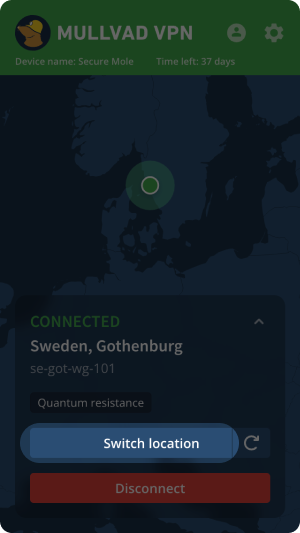 Switch location button highlighted in the map view of the app.