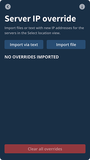 Server IP override setting screen, listing the different options available.