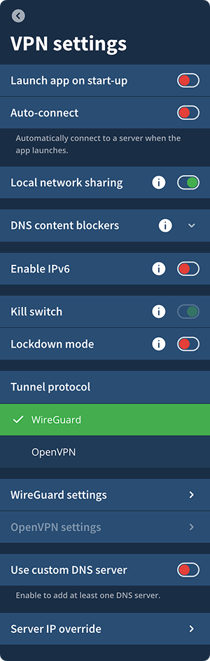 VPN settings view listing different settings and menus.