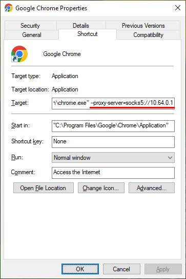 Google Chrome properties with SOCKS
